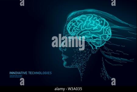 Low poly abstract brain virtual reality concept. Female woman profile mind imagination dream. Modern vector illustration active thinking process Stock Vector