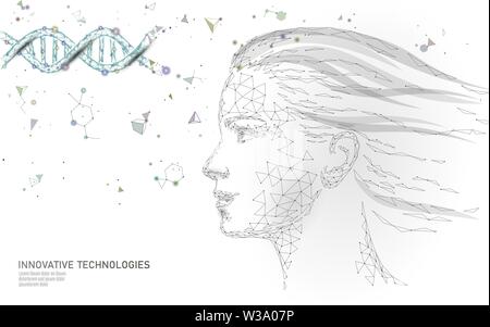 DNA molecule treatment cosmetic essence 3D. Low poly female face polygonal medical beauty care. Medicine gene helix structure vitamin anti-aging serum Stock Vector