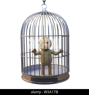 Funny Egyptian mummy monster trapped in birdcage like a canary, 3d illustration render Stock Photo