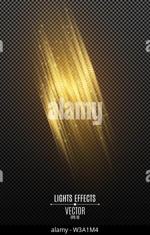 Light effect of golden abstract random neon lines isolated on transparent background. Glowing motion blur effect. Flying glowing particles. Vector ill Stock Vector