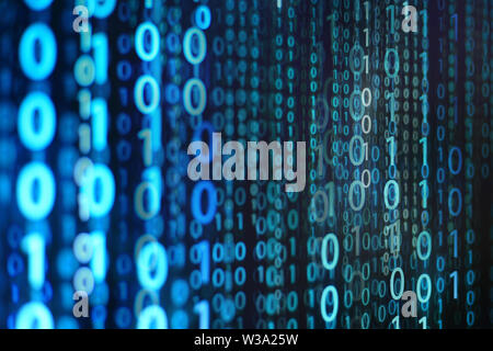 blue binary background. computer language matrix. multiple exposure photo of LED screen displaying information codes. cyber war and digital data trans Stock Photo