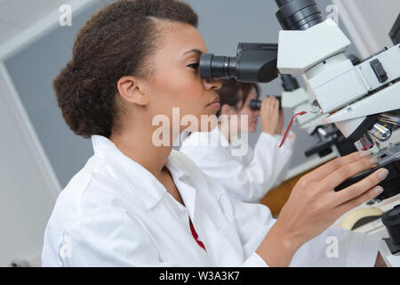 woman looking through the microscope Stock Photo