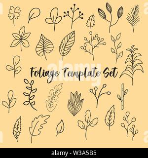 Foliage doodle template set, foliage hand drawn vector, nature botanical flower collection set Stock Vector
