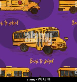 Seamless pattern with hand-drawn sketch yellow bus, isolated background Back to school theme, education concept color vintage illustration. Graphic Stock Vector