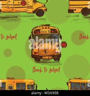 Seamless pattern with hand-drawn sketch yellow bus, isolated background Back to school theme, education concept color vintage illustration. Graphic Stock Vector
