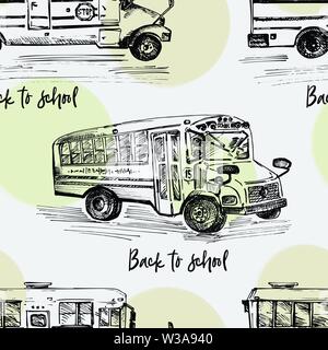 Seamless pattern with hand-drawn sketch bus, isolated background Back to school theme, education concept Black and white vintage illustration. Graphic Stock Vector