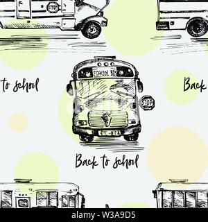 Seamless pattern with hand-drawn sketch bus, isolated background Back to school theme, education concept Black and white vintage illustration. Graphic Stock Vector
