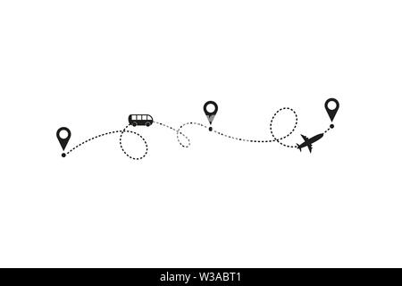 Concept of traveling by bus and plane. Vector illustration. Traveling route or track with location markers Stock Vector
