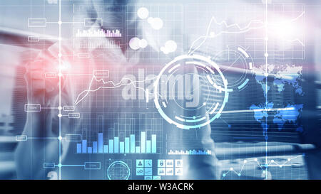 Business intelligence BI Key performance indicator KPI Analysis dashboard transparent blurred background. Stock Photo