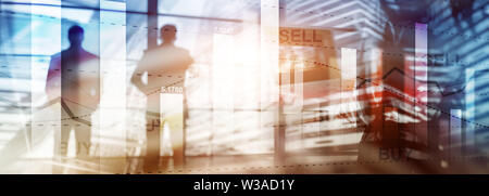 Website trading banner. Financial stock trading graph chart diagram business finance concept double exposure mixed media. Stock Photo