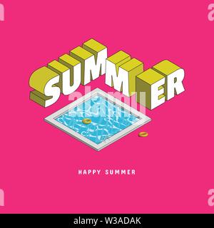 WWording Summer with typography text in isometric style. Besides by swimming pool and life ring. Used for Poster, card, banner and background. Stock Vector