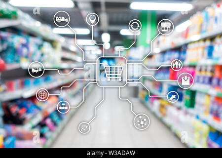 Retail marketing channels E-commerce Shopping automation concept on blurred supermarket background. Stock Photo