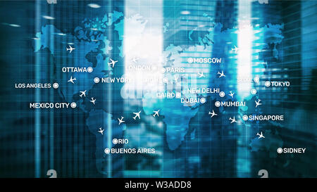Global Aviation Abstract Background with planes and city names on a map. Business Travel Transportation concept. Stock Photo