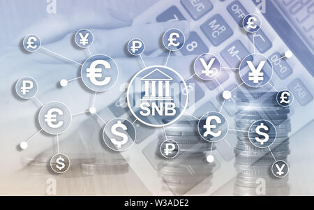 Different currencies on a virtual screen. SNB. Swiss National Bank. Stock Photo