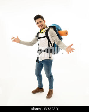 Portrait of happy cool latin man with backpack isolated on white background. In traveling the world, youth and living the dream, holidays student exch Stock Photo