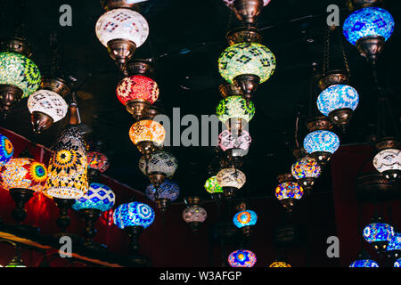 Mosaic Ottoman lamps from Grand Bazaar in Istanbul. Colorful and Vibrant scene. Stock Photo