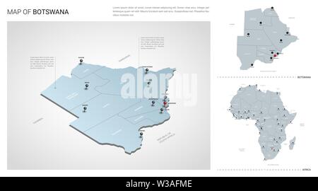 Vector set of Botswana country.  Isometric 3d map, Botswana map, Africa map - with region, state names and city names. Stock Vector