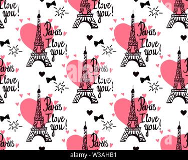 Vector Wide Seamless pattern. Illustration black ink Eiffel Tower. Inscription Paris I love you Stock Vector