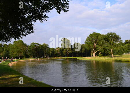 The reopened Beckenham Place Park with newly created 283m lake and beach, ancient woodlands, grasslands and mansion with bar, cafe and community rooms Stock Photo