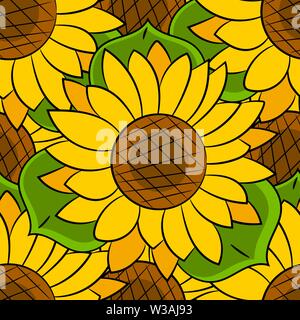 Seamless Pattern Of Sunflowers With Green Leaves Vector Illustration Stock Vector