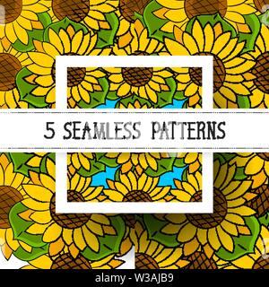 Set Seamless Pattern Of Sunflowers With Green Leaves Vector Illustration Stock Vector