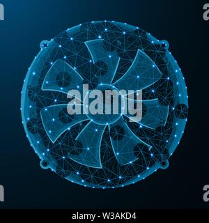 Fan low poly graphic model, polygonal electronic equipment, cooling system wire frame vector illustration on dark blue background Stock Vector