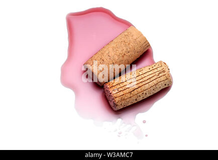Top View of wooden Cork Wine Cork isolated on white Background with Stains Stock Photo