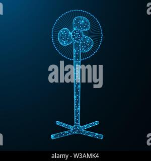 Household fan low poly graphic model, polygonal electronic equipment, cooling system wire frame vector illustration on dark blue background Stock Vector