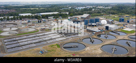 SWINDON UK - JULY 14, 2019: Aerial view of sewage treatment plant in Swindon taken by CAA  approved operator.