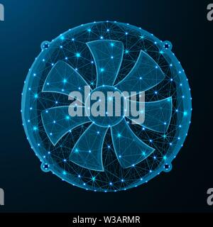 Fan low poly graphic model, polygonal electronic equipment, cooling system wire frame vector illustration on dark blue background Stock Vector