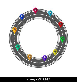 Road and Highway Circle with Markers for City Map Creation. Path Design for Traffic Illustration. Asphalt Traffic Street Stock Vector