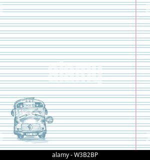 Paper cell notebook with hand drawn sketch yellow school bus symbol Back to school theme Education concept Vintage illustration Graphic art element Stock Vector