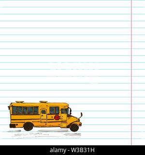 Paper cell notebook with hand drawn sketch yellow school bus symbol Back to school theme Education concept Vintage illustration Graphic art element Stock Vector