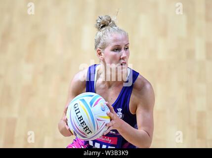 Liverpool, UK. 14 July 2019. Nicola McCleery (Scotland) during the Preliminary game between Uganda and Scotland at the Netball World Cup. M and S arena, Liverpool. Merseyside. UK. Credit Garry Bowdenh/SIP photo agency/Alamy live news.