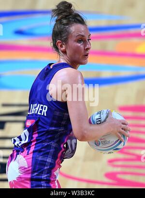 Liverpool, UK. 14 July 2019. Lynsey Gallagher (Scotland) during the Preliminary game between Uganda and Scotland at the Netball World Cup. M and S arena, Liverpool. Merseyside. UK. Credit Garry Bowdenh/SIP photo agency/Alamy live news.