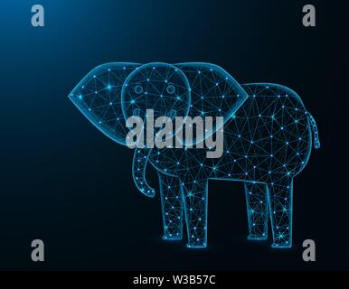Elephant low poly model, African animal polygonal wireframe vector illustration on dark blue background Stock Vector