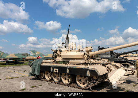 BUDAPEST/HUNGARY - 05.18, 2019: Vintage russian armored vehicles and aircraft on display at a defense show. Bright summer day with blue sky. Stock Photo