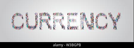 people crowd gathering in shape of currency word different occupation employees mix race workers group standing together social media community Stock Vector