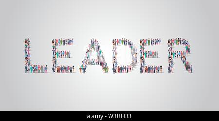 people crowd gathering in shape of leader word different occupation employees mix race workers group standing together social media community concept Stock Vector