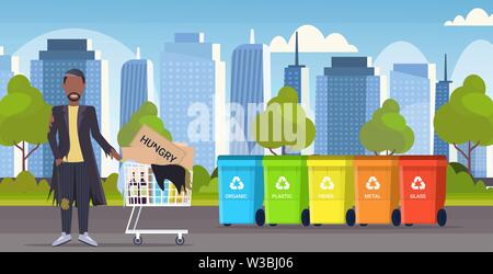 poor man pushing trolley cart with belongings african american guy begging for help homeless concept different types of recycle bins cityscape Stock Vector