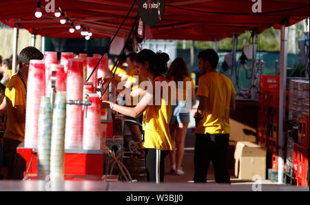 Calvia, Mallorca / Spain - May 10, 2019: Waiters work in the bar serving drinks during the Mallorca live festival in Magaluf, Calvia in the Spanish is Stock Photo