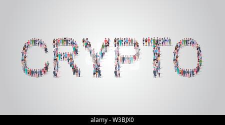 people crowd gathering in shape of crypto word different occupation employees mix race workers group standing together social media community concept Stock Vector