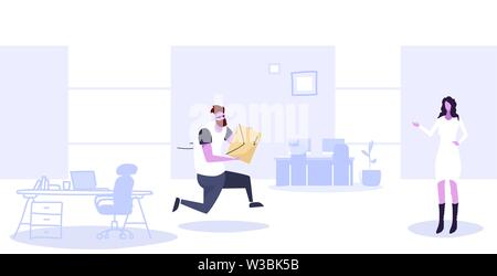 postman carrying envelope businesswoman receiving letter from deliveryman postal service correspondence delivery concept modern office interior sketch Stock Vector