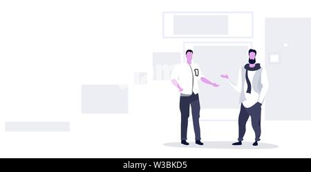 two business men discussing new project during meeting businesspeople colleagues standing together teamwork concept modern office interior sketch Stock Vector