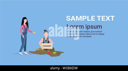 girl giving money to sad woman beggar holding sign board with hungry text girl tramp begging for help homeless concept flat full length horizontal Stock Vector