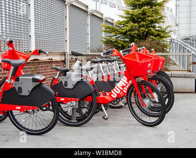 NEW YORK, USA - DECEMBER 14, 2018: Jump rental electric bikes in New York city. Jump is lectric bikes and scooters on-demand service Stock Photo