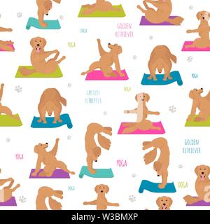 Yoga dogs poses and exercises. Golden retriever seamless pattern. Vector illustration Stock Vector