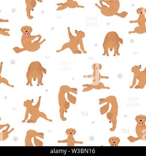 Yoga dogs poses and exercises. Golden retriever seamless pattern. Vector illustration Stock Vector