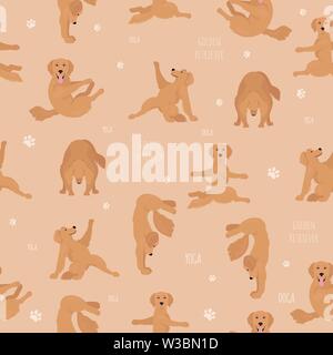 Yoga dogs poses and exercises. Golden retriever seamless pattern. Vector illustration Stock Vector