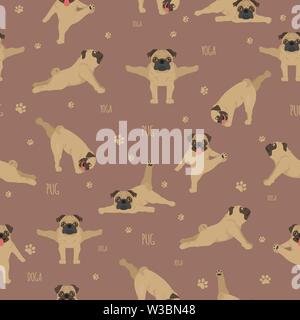 Yoga dogs poses and exercises. Pug seamless pattern. Vector illustration Stock Vector